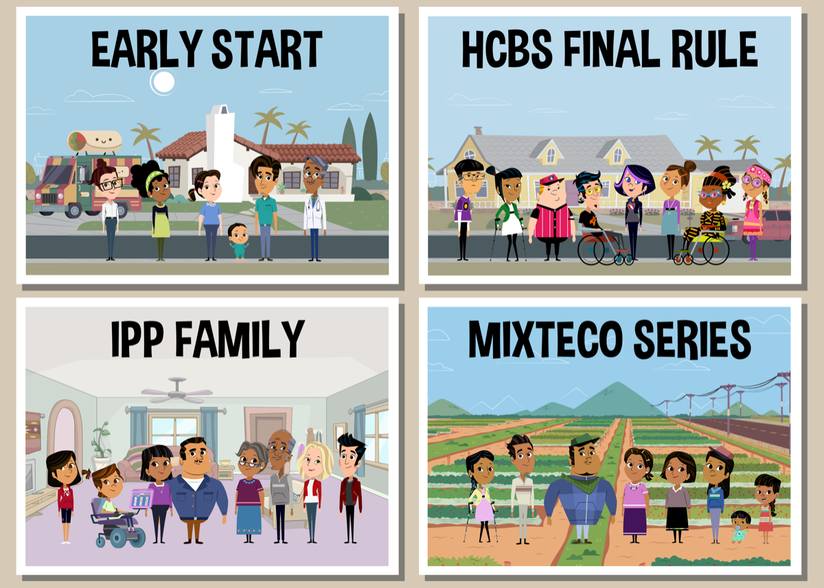 Composite characters from HCBS, Early Start, and Emergency Prep series showing production range